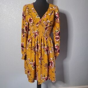 Xhilaration Mustard Floral Print Long Sleeve Dress
